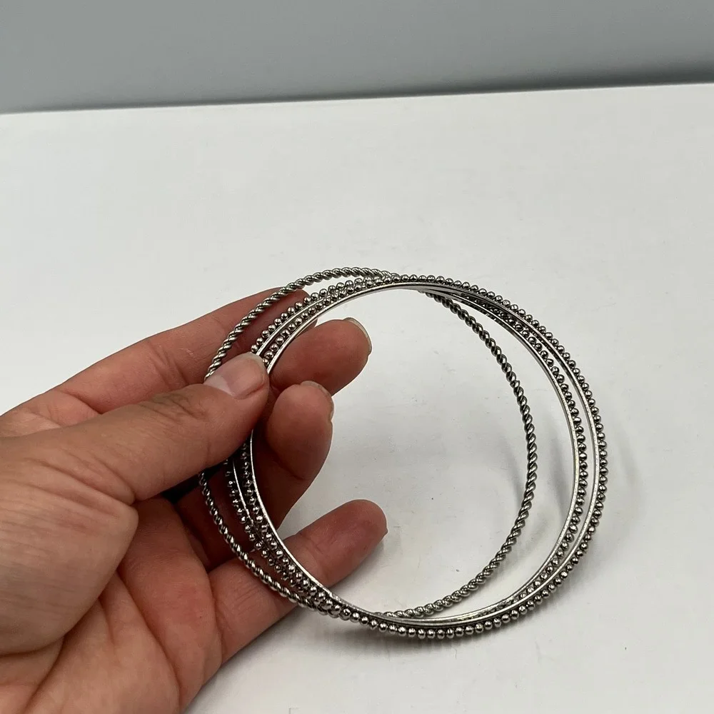 Vintage Silver-Tone Stacking Bangle Bracelets Set 3 Twisted Beaded Plain Texture